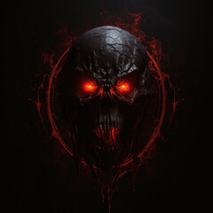 Skull demon with shining eyes in dark horror style. Ai generated