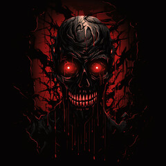 Skull demon with shining eyes in dark horror style. Ai generated