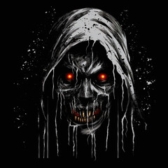 Skull demon with shining eyes in dark horror style. Ai generated