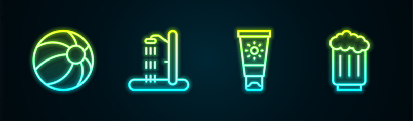 Set line Beach ball, shower, Sunscreen cream in tube and Wooden beer mug. Glowing neon icon. Vector