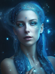 Beautiful blonde woman face cosmic style and stars option 3. AI generated