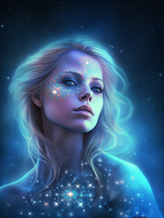 Beautiful blonde woman face cosmic style and stars option 1. AI generated