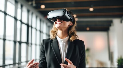 Business woman in formal suit using vr device goggle virtual reality ai experience planing and stretegy process work plan in office with vision and confident,ai generate