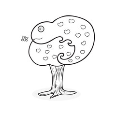 Hand drawn Kids drawing Cartoon Vector illustration cute chameleon hiding in the apple tree Isolated on White Background