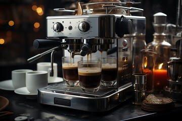 Fototapeta na wymiar Close-up of espresso pouring from coffee machine. Generative AI.