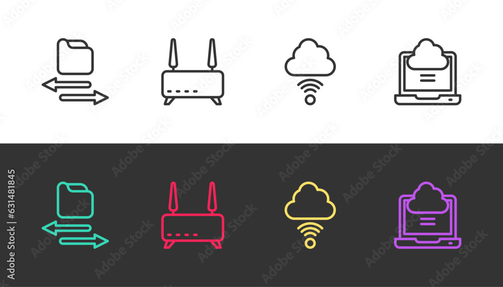 Poster set line transfer files, router and wi-fi signal, network cloud connection and on black and white. v