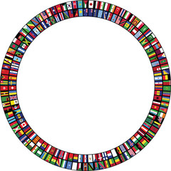 Circular border of international flags. The design represents global unity and collaboration, making it suitable for projects related to international events or business.