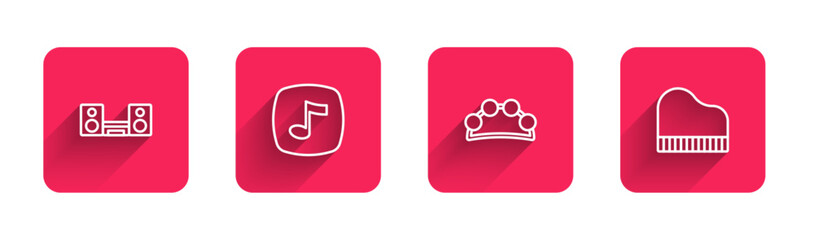 Set line Home stereo with two speakers, Music note, tone, Tambourine and Grand piano with long shadow. Red square button. Vector