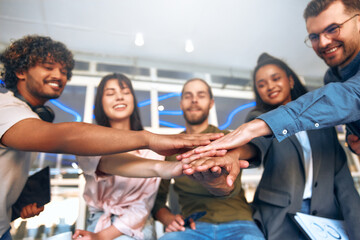 Successful hipster team in coworking. Freelancers.