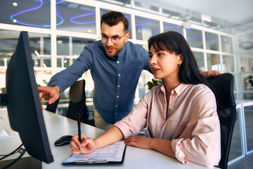 Successful hipster team in coworking. Freelancers.