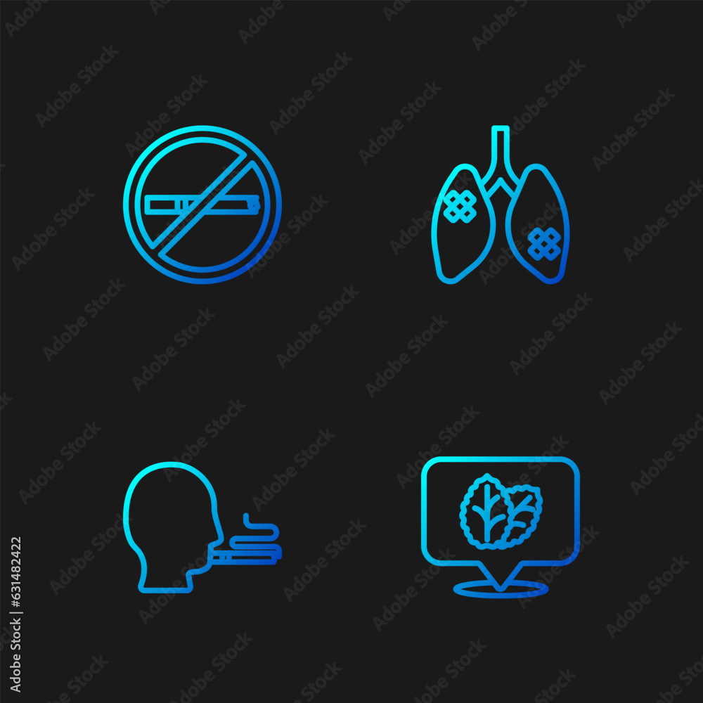 Wall mural Set line Tobacco leaf, Man smoking cigarette, No and Disease lungs. Gradient color icons. Vector