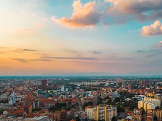 Skyline of a big city with beautiful clouds at sunset. Business and finance concept. Milan, Italy
