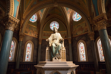 Ornate statue of Jesus inside the dome of a decorative church