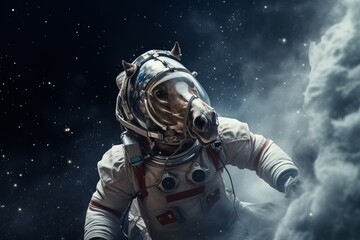 a horse wearing an astronaut suit and helm floating in the colorful space universe, nebula behind....