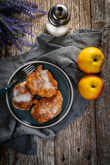Homemade pancakes on a wooden table.
