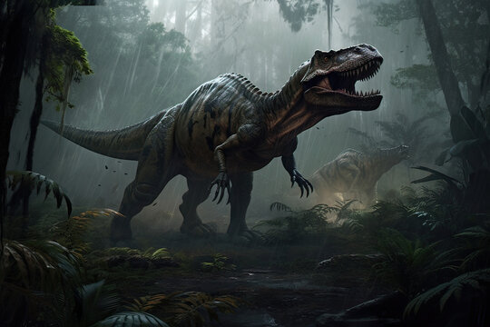 Fototapeta A T rex dinosaur rips through a prehistoric forest