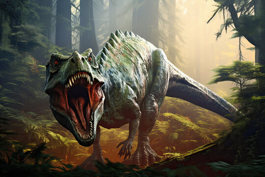 A T Rex dinosaur roars in ancient prehistoric jurassic times with sunlight