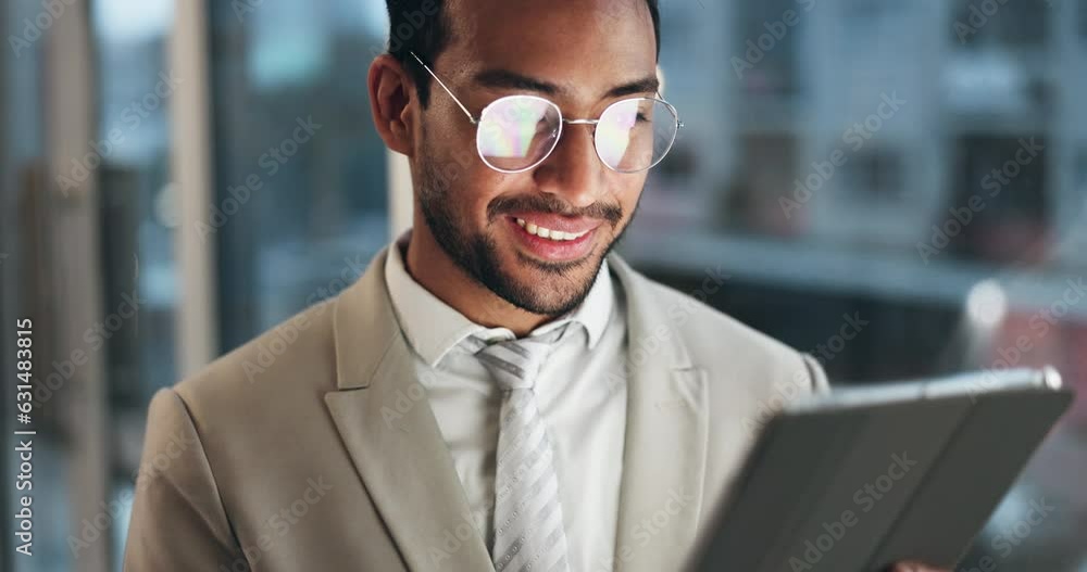 Fototapete office tablet, face and happy man typing, scroll or check research data, planning or reading custome