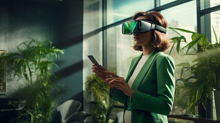 agricultural program female developer researcher using vr device technology analysis big data information for simulate result of environment and experience in greenhouse background,ai generate