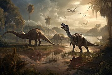 Scene of dinosaurs in pre historic times, jurrasic era, flying, water