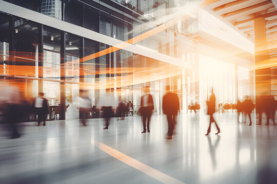 Motion Blur Image Of Business People Crowd Walking At Corporate Office In City Downtown, Blurred Background, Business Center Concept, Generative AI