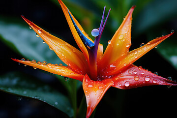 A close-up shot of a bird of paradise blossom, highlighting its vibrant colors, unique shape, and intricate details, showcasing its exotic allure and adding a touch of tropical elegance to any setting