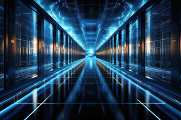 A view of virtualization infrastructure in a data center, with rows of virtual machines running on high-performance servers, illustrating the efficiency and scalability of virtualized environments | A