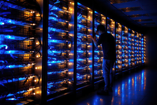 A technician monitoring the performance and status of servers and network equipment in a data center, using sophisticated monitoring tools and software to ensure optimal functioning and proactive issu