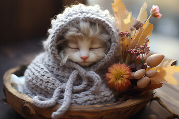 A close-up shot of a sleeping cat wrapped in a cozy blanket, capturing its adorable face peeking...