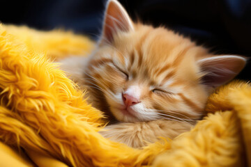 Naklejka premium A close-up shot of a sleeping cat wrapped in a cozy blanket, capturing its adorable face peeking out and the warmth it exudes in its sleep | ACTORS: Cat | LOCATION TYPE: Cozy corner | CAMERA MODEL: So