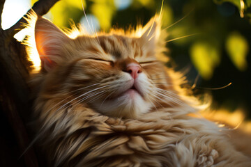 A close-up shot of a sleeping cat nestled in a cozy hammock, capturing its utter bliss and comfort as it swings gently and enjoys a peaceful nap | ACTORS: Cat | LOCATION TYPE: Outdoor patio | CAMERA M