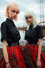 two women wearing black shirts and red skirts. Generative AI Art.