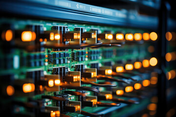 A close-up shot of powerful server blades with multiple processors, highlighting the computing power and speed of data processing in a server farm | ACTORS: None | LOCATION TYPE: Server room | CAMERA - obrazy, fototapety, plakaty