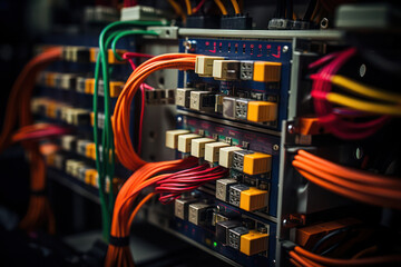 A shot of the network backbone in a server farm, with neatly organized cables and switches, illustrating the intricate connectivity that enables seamless data transfer | ACTORS: None | LOCATION TYPE: - obrazy, fototapety, plakaty