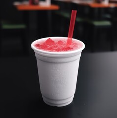 red slush on a disposable white glass with straw