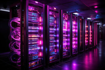 A wide shot of a server farm with rows of racks filled with servers and blinking lights, showcasing the scale and complexity of the infrastructure | ACTORS: None | LOCATION TYPE: Server farm facility