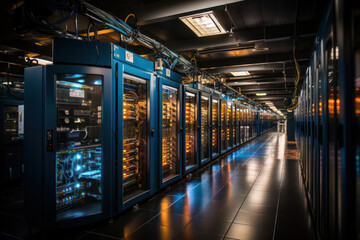 A shot of a server farm powering a cloud computing platform, with virtual machines and cloud infrastructure, demonstrating the scalability and flexibility of cloud services | ACTORS: None | LOCATION T