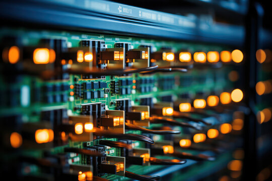 A close-up shot of powerful server blades with multiple processors, highlighting the computing power and speed of data processing in a server farm | ACTORS: None | LOCATION TYPE: Server room | CAMERA