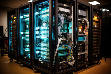 A shot of virtualization technology in a server farm, with virtual servers running on physical hardware, illustrating the consolidation and efficiency achieved through virtualization | ACTORS: None |