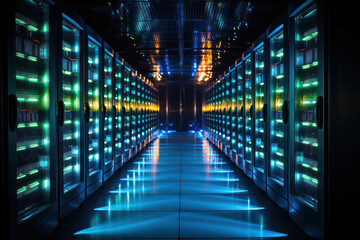 A shot of virtualization technology in a server farm, with virtual servers running on physical hardware, illustrating the consolidation and efficiency achieved through virtualization | ACTORS: None | - obrazy, fototapety, plakaty
