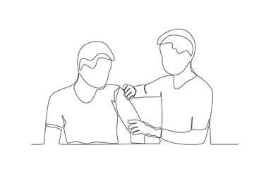Continuous single line drawing of a male doctor cleaning patient's injection site on left hand

