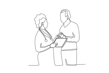 Continuous single line drawing of a female doctor having a discussion with a patient
