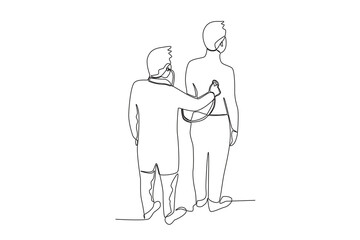 Continuous single line drawing of a male doctor examines a patient from the patient's back while standing up
