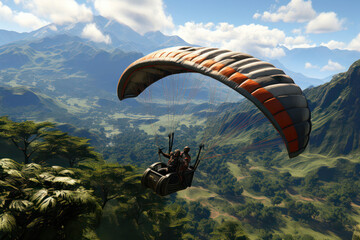 A person paragliding over a picturesque valley, with rolling hills, a meandering river, and a patchwork of vibrant green fields stretching as far as the eye can see | ACTORS: Person | LOCATION TYPE: V