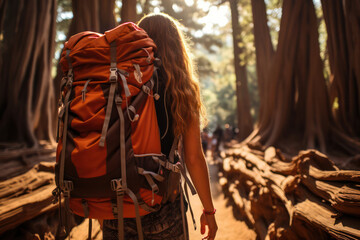 A person hiking through a dense forest, with towering redwood trees reaching for the sky, rays of sunlight filtering through the canopy, and a peaceful ambiance of nature | ACTORS: Person | LOCATION T