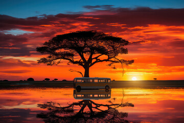 A safari jeep observing a pride of lions resting under the shade of an acacia tree in the golden light of sunset, in the heart of the African wilderness | ACTORS: Safari jeep, Pride of lions | LOCATIO