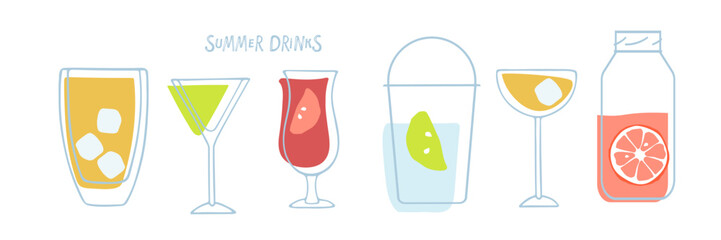 Summer refreshing drink set. Different types of drinks ib doodle style. Cocktails with ice cubes and fruit slices. Liquids in glasses and bottles for menu, party decor, beverage template, recipes