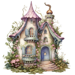 Vintage Fairy House Illustration, Fantasy House Clipart Watercolor, Pastel House Clipart, made with generative AI