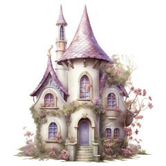 Vintage Fairy House Illustration, Fantasy House Clipart Watercolor, Pastel House Clipart, made with generative AI