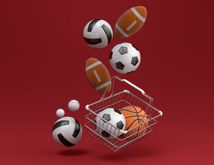 Set of ball like basketball, football and golf in shopping basket on red
